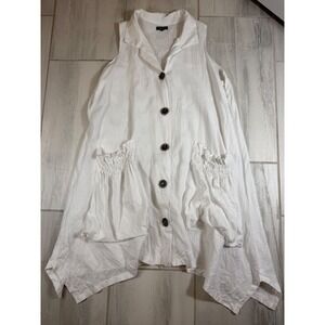 Athena Marie White 100% Linen Sleeveless‎ Lagenlook Tunic Shirt XL Asymmetrical